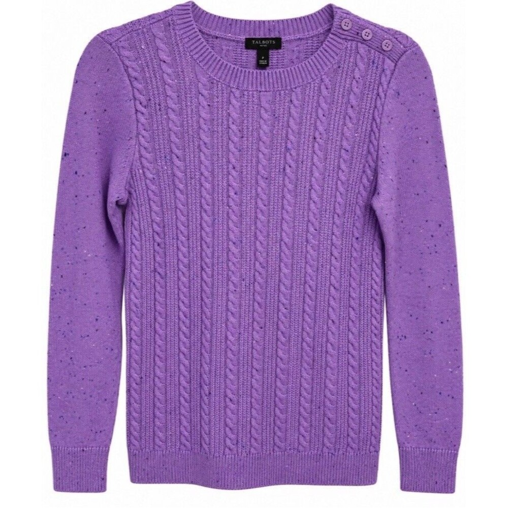 Talbots Purple Cable Knit Tweed Crewneck Sweater Cotton Blend Size XS Petite